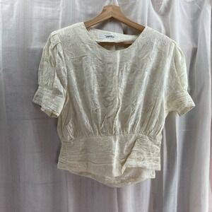 Vintage Cream Floral Lace Puff Sleeve Blouse Elegant Cropped‎ Top Women's Small